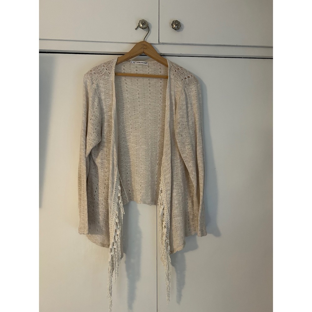 Maurices Cream Pointelle Knit Open Front Fringe Cardigan Sweater Size 2 Boho